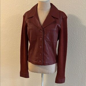 Vintage Y2K Twiggy Maroon Leather and Knit Button Up Collared Jacket